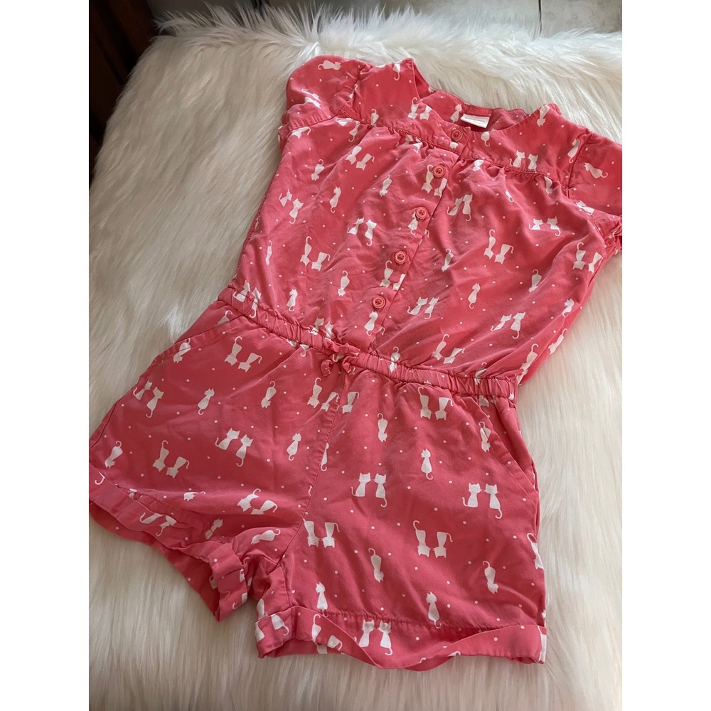 Gymboree Girls sz 7 Pretty in Pink Kitten Pals Romper White Cats Dots Used